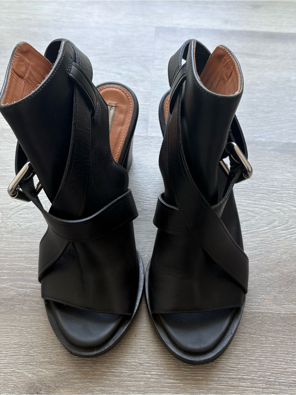& Other Stories Black Leather Cross-Strap Wedge Sandals